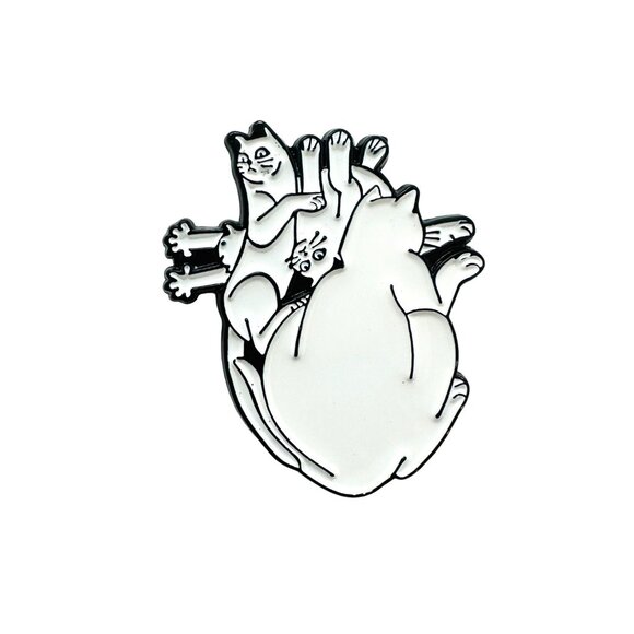 😻Cat Heart Pin Enamel Lapel Dark Punk White Black Cats Lovers Animal Broch New - Picture 6 of 8